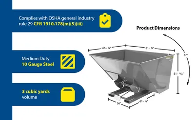 Vestil D-300-MD-GY-MG d style - self-dumping steel hoppers with bumper release feature highlights
