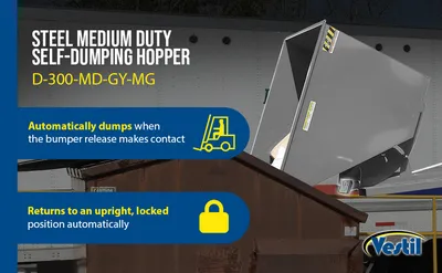 Vestil D-300-MD-GY-MG d style - self-dumping steel hoppers with bumper release feature highlights