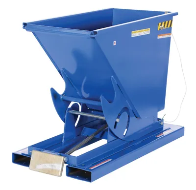 Vestil D-33-HD d style - self-dumping steel hoppers with bumper release shown from an alternate angle