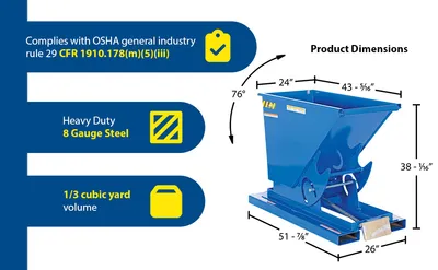 Vestil D-33-HD d style - self-dumping steel hoppers with bumper release feature highlights