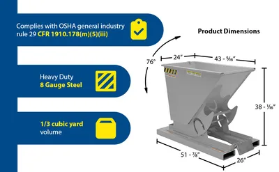 Vestil D-33-HD-GY-MG d style - self-dumping steel hoppers with bumper release feature highlights