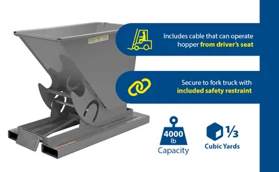 Vestil D-33-MD-GY-MG d style - self-dumping steel hoppers with bumper release feature highlights