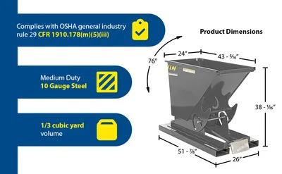 Vestil D-33-MD-GY-MG d style - self-dumping steel hoppers with bumper release feature highlights