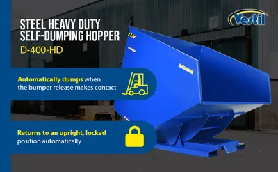 Vestil D-400-HD d style - self-dumping steel hoppers with bumper release feature highlights