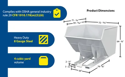 Vestil D-400-HD-WHT d style - self-dumping steel hoppers with bumper release feature highlights