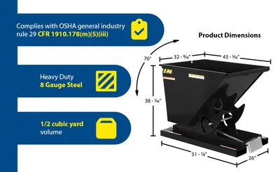 Vestil D-50-HD-BLK-SG d style - self-dumping steel hoppers with bumper release feature highlights