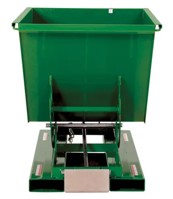 Vestil D-50-HD-GRN-T d style - self-dumping steel hoppers with bumper release shown from an alternate angle