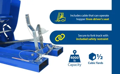 Vestil D-50-MD d style - self-dumping steel hoppers with bumper release feature highlights