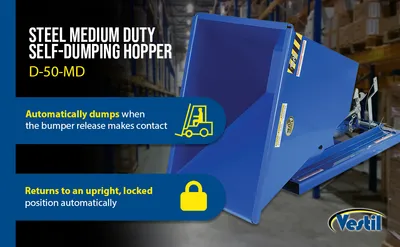Vestil D-50-MD d style - self-dumping steel hoppers with bumper release feature highlights