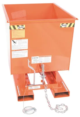 Vestil D-50-MD-ORG-C d style - self-dumping steel hoppers with bumper release shown from an alternate angle