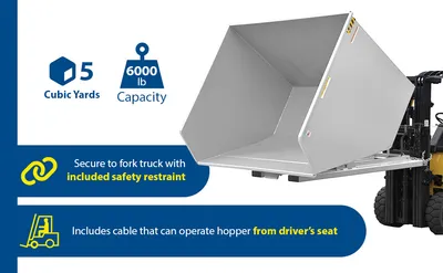 Vestil D-500-HD-WHT d style - self-dumping steel hoppers with bumper release feature highlights
