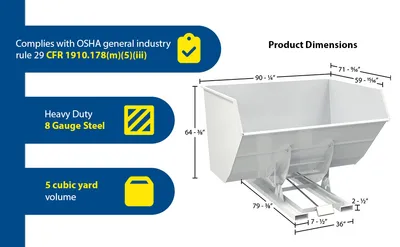 Vestil D-500-HD-WHT d style - self-dumping steel hoppers with bumper release feature highlights