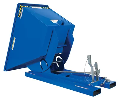Vestil D-75-HD d style - self-dumping steel hoppers with bumper release shown from an alternate angle
