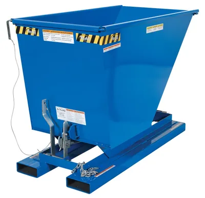 Vestil D-75-HD d style - self-dumping steel hoppers with bumper release shown from an alternate angle