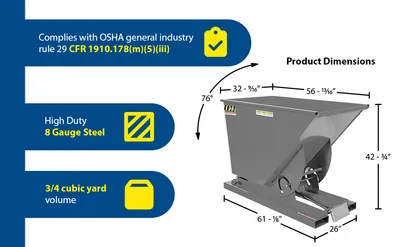 Vestil D-75-HD-GY-MG d style - self-dumping steel hoppers with bumper release feature highlights