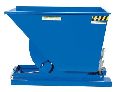 Vestil D-75-MD d style - self-dumping steel hoppers with bumper release shown from an alternate angle