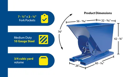 Vestil D-75-MD-NB d-style hoppers, no bump & dump feature highlights