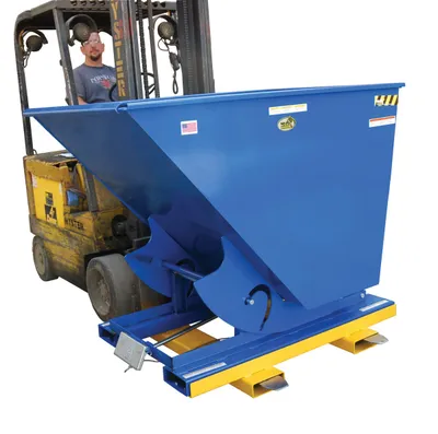 Vestil D-TILT d style - self-dumping steel hoppers with bumper release shown from an alternate angle