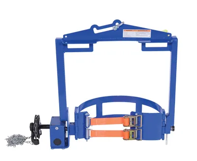 Vestil DCT-2000 hoist mounted drum carrier rotator shown from an alternate angle