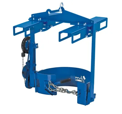 Vestil DCT-75-4WFP hoist mounted drum carrier rotator shown from an alternate angle