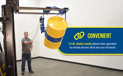 Vestil DCT-75-4WFP hoist mounted drum carrier rotator feature highlights