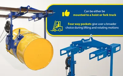 Vestil DCT-75-4WFP hoist mounted drum carrier rotator feature highlights