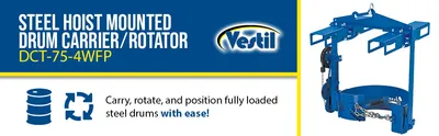 Vestil DCT-75-4WFP hoist mounted drum carrier rotator feature highlights