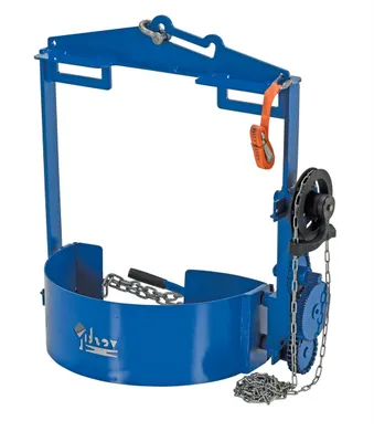 Vestil DCT-75 hoist mounted drum carrier rotator shown from an alternate angle