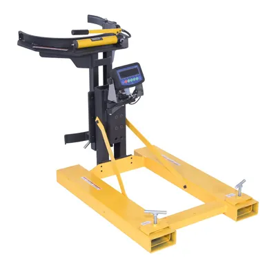 Vestil DGPS-55-SCL fork mounted drum gripper w digital scale shown from an alternate angle