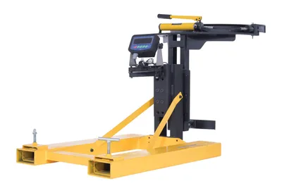 Vestil DGPS-55-SCL fork mounted drum gripper w digital scale shown from an alternate angle