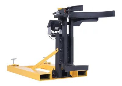 Vestil DGPS-55-SCL fork mounted drum gripper w digital scale shown from an alternate angle