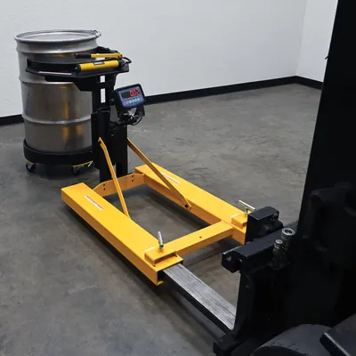 Vestil DGPS-55-SCL fork mounted drum gripper w digital scale shown from an alternate angle