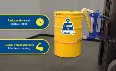 Vestil DLH-CL2-1 carriage-mounted drum lifter feature highlights