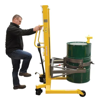 Vestil DRUM-LRT-EC economy portable drum lifter rotator transporter shown from an alternate angle