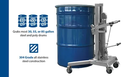 Vestil DRUM-LT-SS stainless steel drum lifter transporter feature highlights