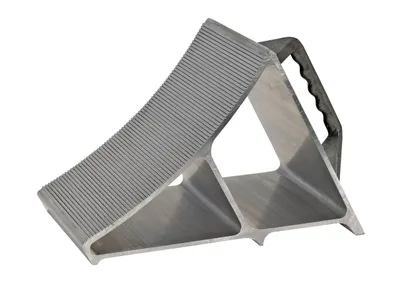 Vestil EALUM-7-HNDG aluminum wheel chock shown from an alternate angle
