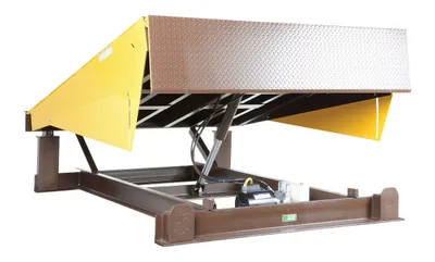 Vestil Steel Electric Hydraulic Dock Leveler 74"W x 86"L x 24"D Pit Dimensions, 25000 Lb. Capacity Brown/Yellow