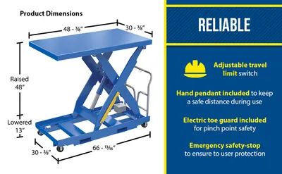 Vestil EHLTP-3048-1-48-A4 portable electric hydraulic lift table feature highlights
