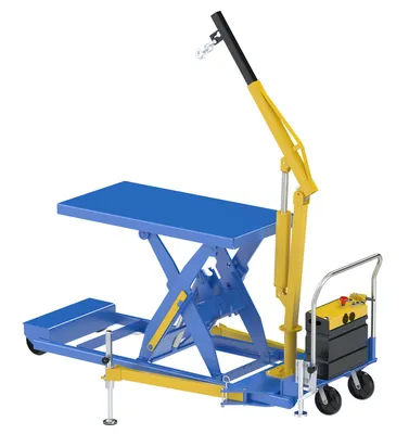 Vestil EHLTP-3060-WTJ-4-DC portable electric hydraulic lift table w attached hoist shown from an alternate angle