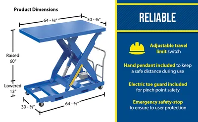 Vestil EHLTP-3064-2-60-A4 portable electric hydraulic lift table feature highlights