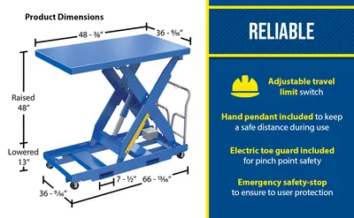 Vestil EHLTP-3648-1-48-A4 portable electric hydraulic lift table feature highlights