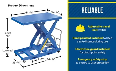 Vestil EHLTP-3664-1-60-D2 portable electric hydraulic lift table feature highlights
