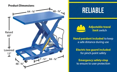 Vestil EHLTP-4864-2-60-A3 portable electric hydraulic lift table feature highlights