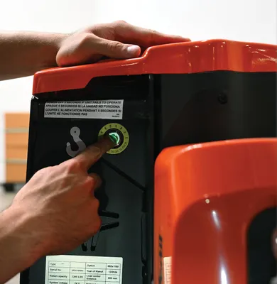 Vestil EPT-2745-33-PWB fully powered electric pallet truck shown from an alternate angle