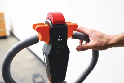 Vestil EPT-2745-33-PWB fully powered electric pallet truck shown from an alternate angle