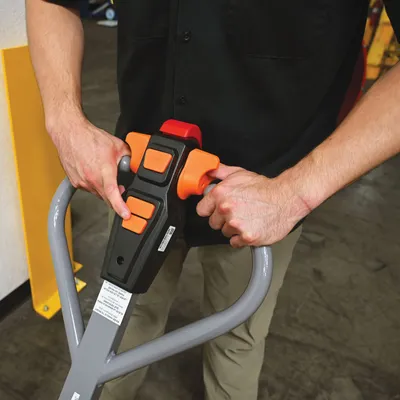 Vestil EPT-2745-33-PWB fully powered electric pallet truck shown from an alternate angle