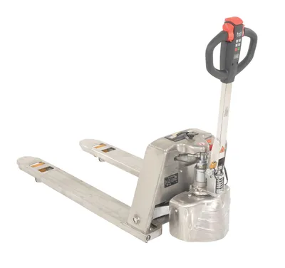 Vestil EPT-2748-30-SS stainless steel fully electric pallet truck shown from an alternate angle