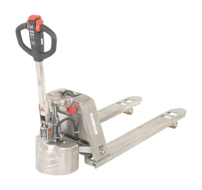 Vestil EPT-2748-30-SS stainless steel fully electric pallet truck shown from an alternate angle