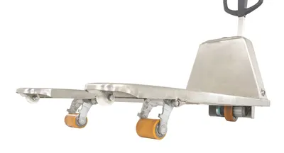 Vestil EPT-2748-30-SS stainless steel fully electric pallet truck shown from an alternate angle