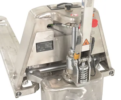 Vestil EPT-2748-30-SS stainless steel fully electric pallet truck shown from an alternate angle